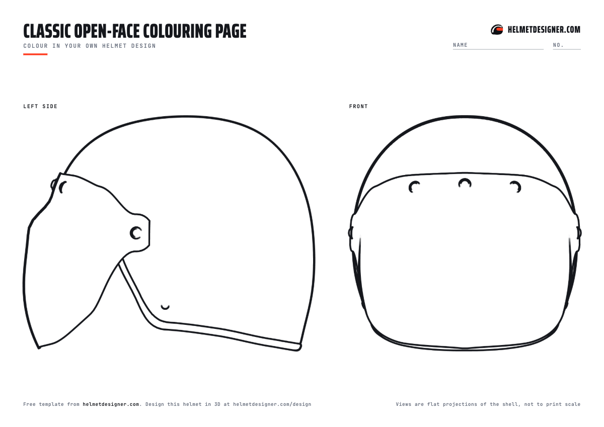 Open-face helmet colouring page with a large side view and front view