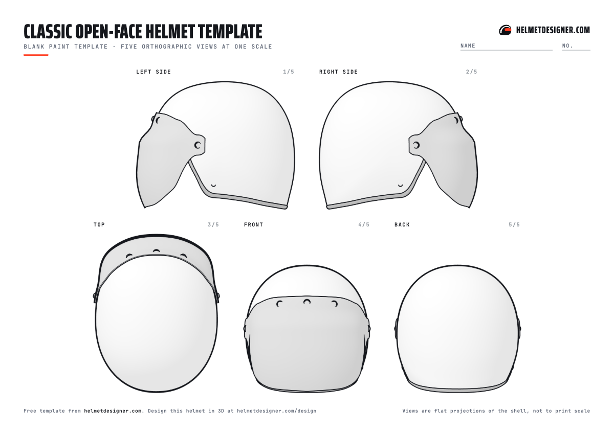 Blank open-face helmet template with left, right, top, front and back views