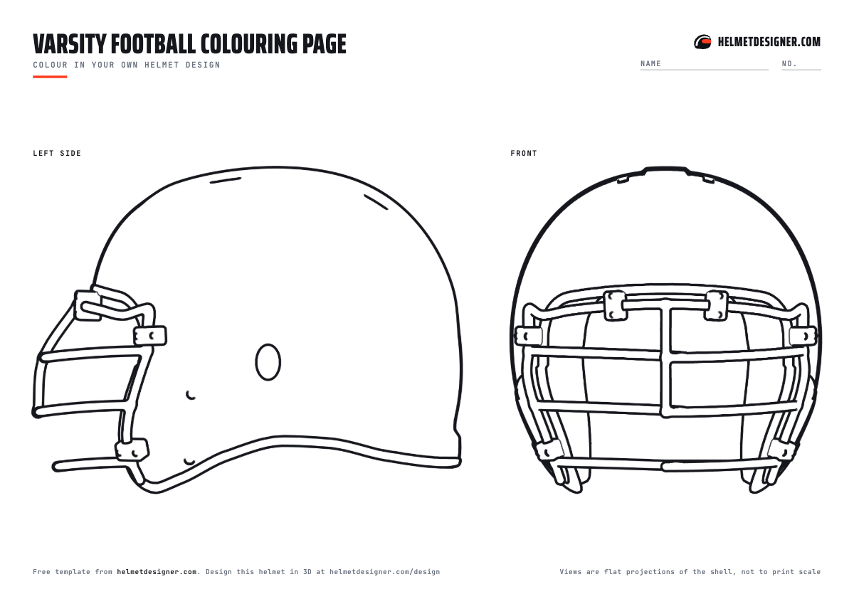 Football helmet colouring page with a large side view and front view
