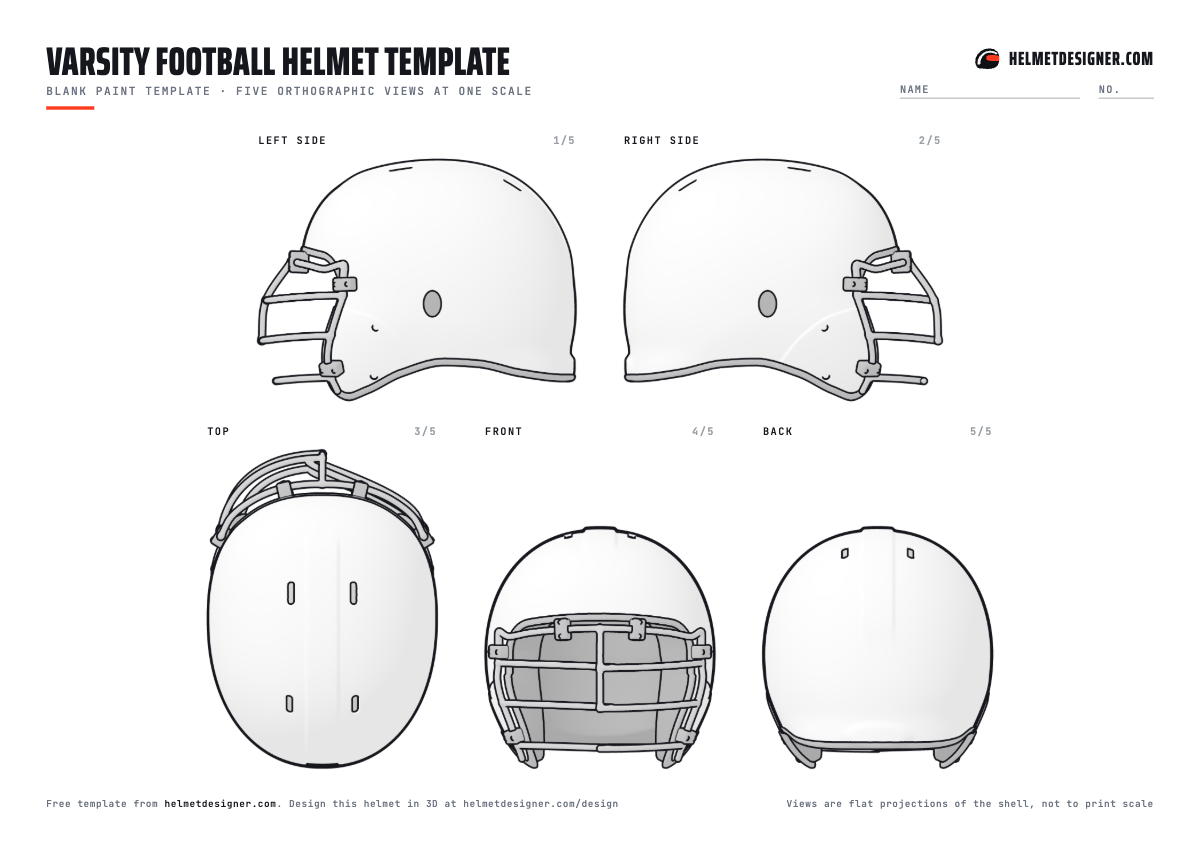 Blank football helmet template with left, right, top, front and back views
