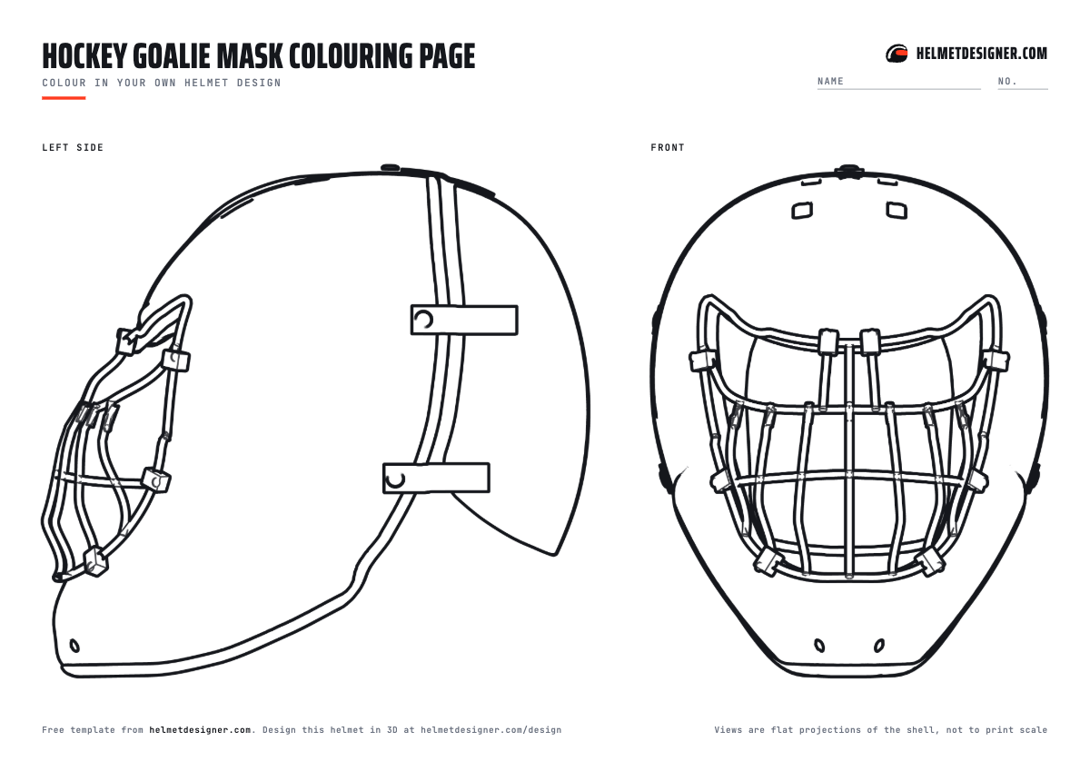 Goalie mask colouring page with a large side view and front view