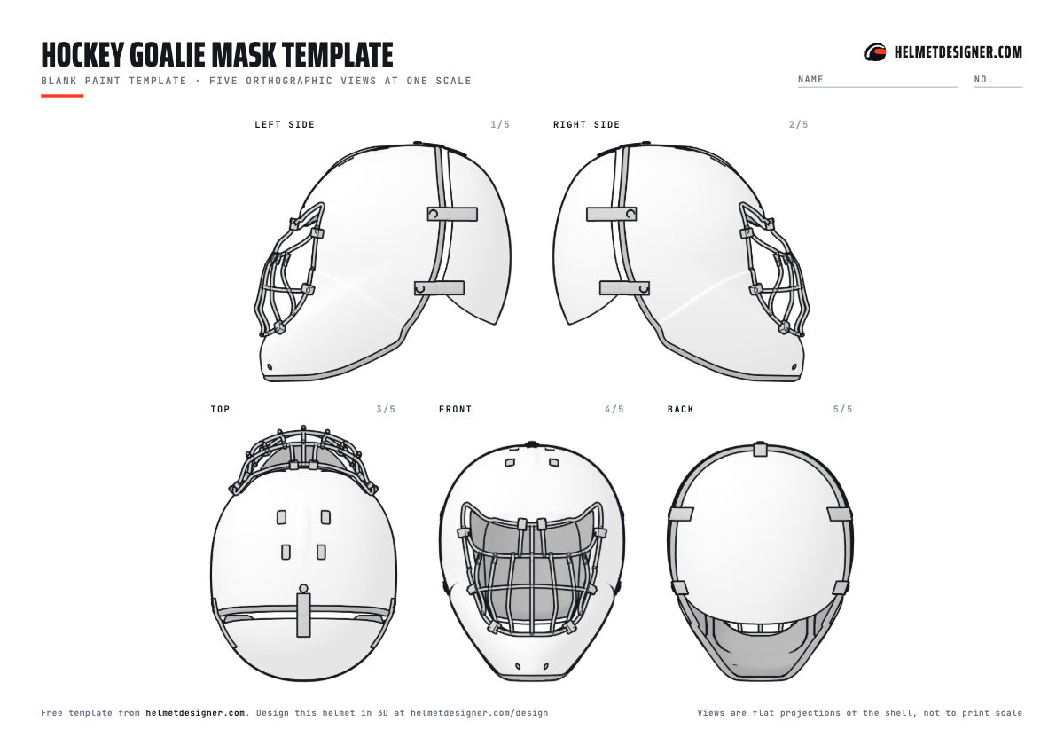 Blank goalie mask template with left, right, top, front and back views