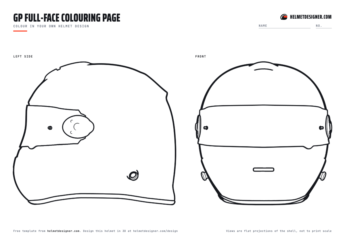 Racing helmet colouring page with a large side view and front view