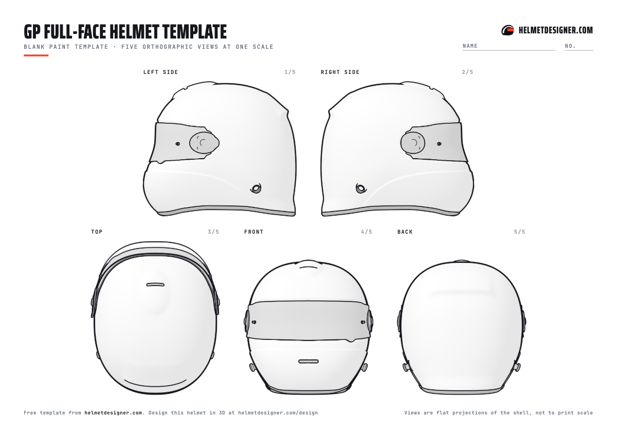 Blank racing helmet template with left, right, top, front and back views