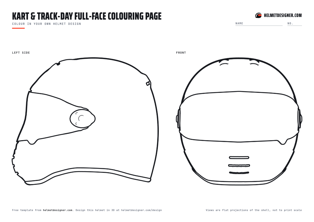 Kart helmet colouring page with a large side view and front view