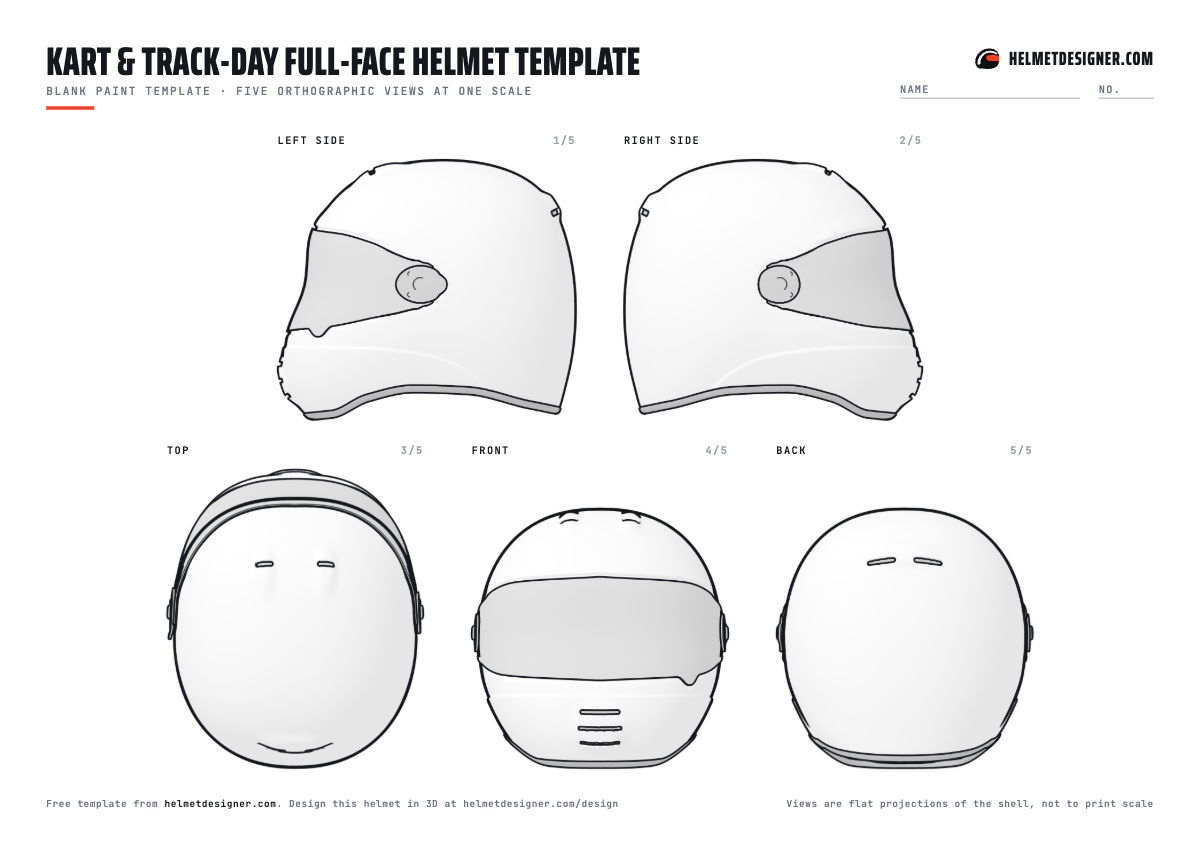 Blank kart helmet template with left, right, top, front and back views