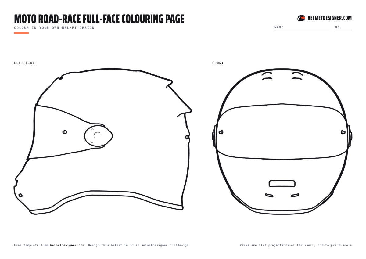 Motorcycle helmet colouring page with a large side view and front view