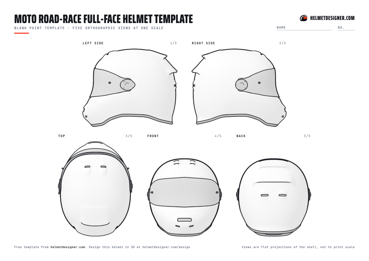 Blank motorcycle helmet template with left, right, top, front and back views