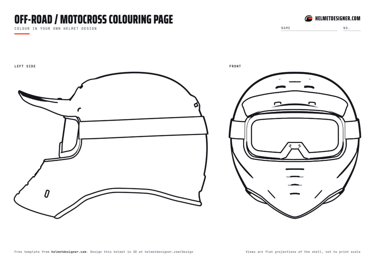 Motocross helmet colouring page with a large side view and front view
