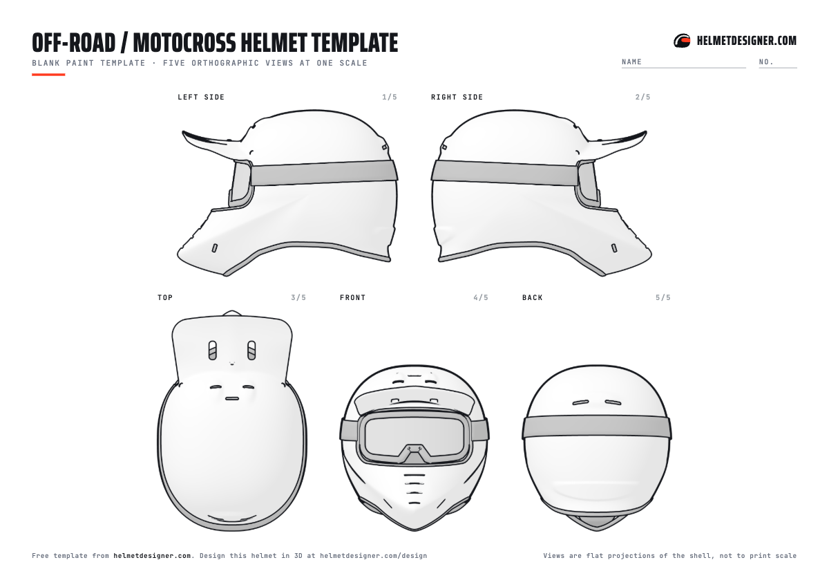 Blank motocross helmet template with left, right, top, front and back views